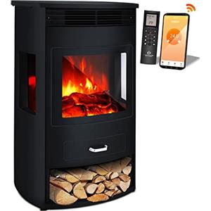 KESSER® Prio Camino Elettrico con Stufa, Termoventilatore, Telecomando, 950/1900 W, Caminetto Elettrico con Effetto Fiamma LED, Rilevamento Finestra Aperta, Fattura Robusta, Telecomando Incluso