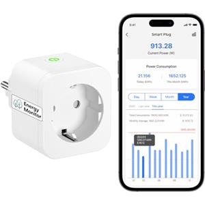 Meross Presa Smart Alexa con Monitoraggio Energetico, Presa WiFi 16A, Presa Smart Schuko Compatibile con Alexa, Google Home e SmartThings, Controllo Vocale e Remoto App, 3840W, 1 Pezzo