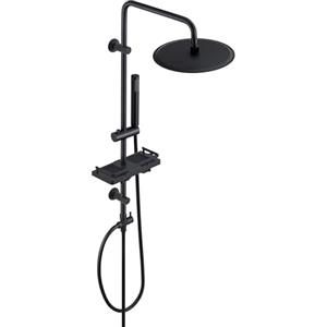 Görbach Colonna Doccia Acciaio Inox Senza Miscelatore Fori Muro Regolabili Nero Colonna Doccia idromassaggio Asta Doccia Saliscendi Doccia con soffione a Pioggia e Porta Ogetti Mensola D25cm