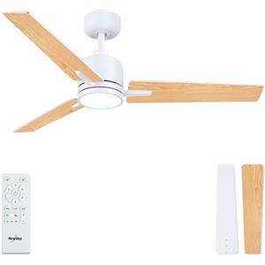 Newday Ventilatore da Soffitto Legno e Bianco, 122cm Ventilatore da Soffitto con Luce e Telecomando Silenzioso, Pale da Soffitto con Luce Dimmerabile, Ventola Soffitto Réversible per Camera da letto