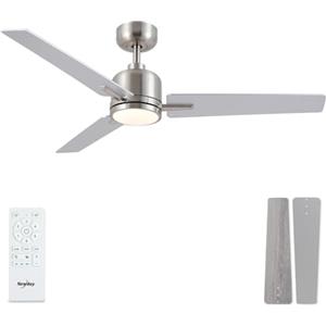 Newday Ventilatore da Soffitto Argento e Legno, 122cm Ventilatore da Soffitto con Luce Dimmerabile e Telecomando Silenzioso, Ventola Soffitto Réversible, 3 Pales da Soffitto con 3 Timer 6 Velocità