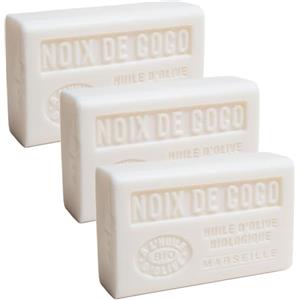 Label Provence Nature Savon de Marseille - Sapone francese nutriente in puro olio d'oliva biologico e burro di karitè - Profumo di cocco - Barrette da 125 g - Set da 3
