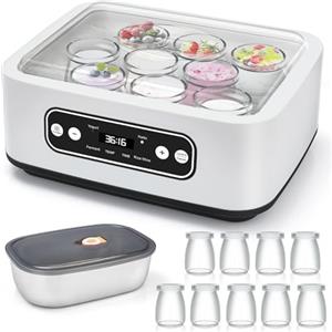 Lnopever Yogurtiera Elettrica con LCD Display, con 9 Vasetti da 180 ml Ciascuno, Può produrre 1,6 litri di yogurt,Temperatura Regolabile 20-55°C, Arresto Automatico e Coperchio con Display
