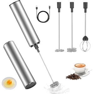 WELLXUNK Montalatte Elettrico Frullino, Montalatte Portatile con 3 Accessori, Ricaricabile Frullino Montalatte, F-rullino M-ontalatte USB, Schiumatore Latte per Caffè, Latte, Cappuccino, Matcha