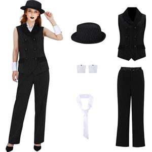 LIKUNGOU Costume Gessato Mafia Signore per Donne 1920s Gangster Fancy Dress Set Halloween Carnevale Partito Vestito