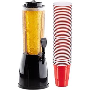 Relaxdays 51 Accessori da Birra, Torre da 2,5 Litri con Spillatore, 50x Bicchieri da Berr Pong in Plastica Rossa