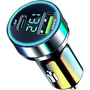 Generic Caricabatteria da auto USB C Adattatore per auto, 2 in 1 Carica super veloce in auto con display di tensione, Adattatore per caricabatterie per auto, Caricatore per auto a due porte, Caricatore per