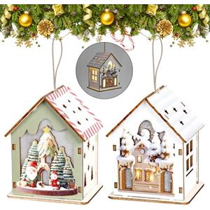 Vidillo 2 PZ Casa di Natale incandescente,Casa luminosa di Natale in legno appesa,Ornamenti natalizi in legno a LED,ciondoli in legno di Natale,decorazione per albero di Natale (B)