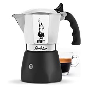Bialetti Caffettiera Brikka, 2 Tazze (100 ml), Espresso Cremoso come al Bar, Non Adatta a Piano Induzione, Misurino incluso, Manico antiscottatura, Design Elegante, Alluminio