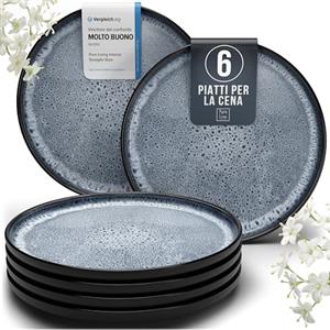 PURE LIVING INTERIOR DESIGN Set di 6 Piatti Grandi in Gres, Modello Ibiza - Piatti Raffinati Resistenti a Lavastoviglie e Microonde - Servizio da Tavola per 6 Persone, Piatti da Cena - Pure Living blu fumo