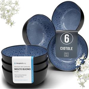 PURE LIVING INTERIOR DESIGN Set di 6 Piatti Moderni Ibiza con Servizio Completo per 6 Persone - Ciotole per Müsli Resistenti a Lavastoviglie e Microonde, Design Elegante - Pure Living Nero e Blu Profondo