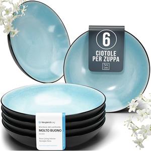 PURE LIVING INTERIOR DESIGN Set di 6 Piatti Fondi Moderni della Serie Ibiza, Eleganti Piatti per Pasta e Zuppe, Design Stiloso - Servizio Piatti per 6 Persone in Steingut - Pure Living acquamarina