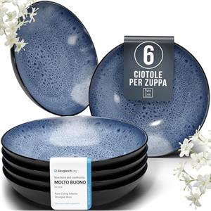 PURE LIVING INTERIOR DESIGN Set di 6 Piatti Fondi Moderni della Serie Ibiza, Eleganti Piatti per Pasta e Zuppe, Design Stiloso - Servizio Piatti per 6 Persone in Steingut - Pure Living Nero e Blu Profondo