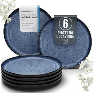 PURE LIVING INTERIOR DESIGN Servizio Piatti Moderni per 6 Persone in Ceramica Ibiza, Set di 6 Piatti, Dessert e Insalata - Resistenti a Lavastoviglie e Microonde - Pure Living Nero e Blu Profondo