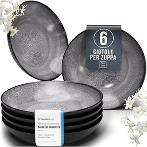 PURE LIVING INTERIOR DESIGN Set di 6 Piatti Fondi Moderni della Serie Ibiza, Eleganti Piatti per Pasta e Zuppe, Design Stiloso - Servizio Piatti per 6 Persone in Steingut - Pure Living grigio scuro