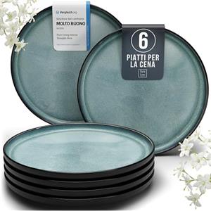PURE LIVING INTERIOR DESIGN Set di 6 Piatti Grandi in Gres, Modello Ibiza - Piatti Raffinati Resistenti a Lavastoviglie e Microonde - Servizio da Tavola per 6 Persone, Piatti da Cena - Pure Living petrolio scuro