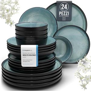 PURE LIVING INTERIOR DESIGN Servizio Piatti Ibiza in Ceramica per 6 Persone, 24 Pezzi Set Piatti Moderni Compatibile con Lavastoviglie e Microonde - petrolio scuro - Set da Tavola e Cucina di Pure Living