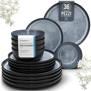 PURE LIVING INTERIOR DESIGN Servizio Piatti Ibiza in Ceramica per 12 Persone, 36 Pezzi Set Piatti Moderni Compatibile con Lavastoviglie e Microonde - blu fumo - Set da Tavola e Cucina di Pure Living