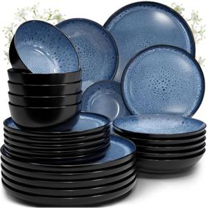 PURE LIVING INTERIOR DESIGN Servizio Piatti Ibiza in Ceramica per 6 Persone, 24 Pezzi Set Piatti Moderni Compatibile con Lavastoviglie e Microonde - Piatti Nero Tiefblau - Set da Tavola e Cucina di Pure Living