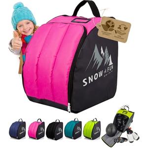 BambiniWelt by Rafael K. BAMBINIWELT - Borsa per stivali da sci per bambini, con superficie di appoggio integrata, in cordura resistente, spazio per barche, casco, occhiali da sci e guanti (nero/rosa)