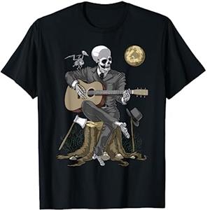 Hippie Skeleton Fantasy Clothing Scheletro che Suona la Chitarra Acustica Fantasy Gotico Maglietta