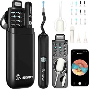 VITCOCO Otoscopio, 1080P Pulizia Orecchie, 3.1mm Flessibile Pulisci Orecchie con Telecamera, 12 punte morbide, 3 teste di ispezione, Orecchio Pulito con Pinzette per iPhone iPad e Android(Nero)
