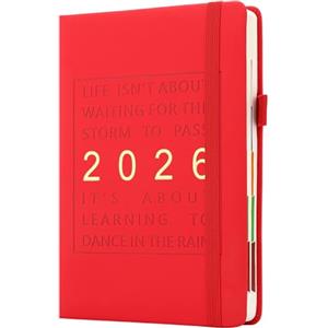 Goldaypln Agenda 2026, formato A5, una pagina al giorno, da gennaio a dicembre, planner giornaliero per tutto l'anno, con schede mensili colorate, copertina rigida, con tasca interna, segnalibro (rosso)