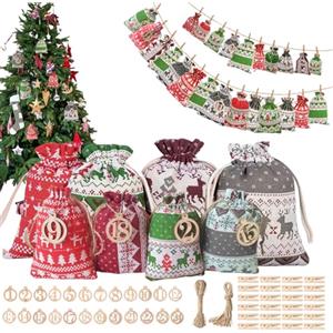 JIDAYOEU Calendario Avvento Fai da Te 2025, 24 Sacchetti con Coulisse Calendario, Calendario Natalizio Fai da Te Riutilizzabile per Bambini e Adulti, con Numeri, Clip, Corda di Canapa