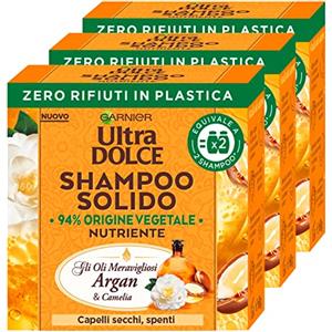 Garnier 3x Garnier Ultra Dolce Shampoo Solido Nutriente Oli Meravigliosi Argan e Camelia con Ingredienti di Origine Naturale per Capelli Secchi e Spenti - 3 Shampoo Solidi da 60g