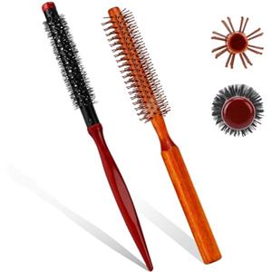 Mozeat Lens Piccola spazzola rotonda per asciugatura, 2 pezzi, mini spazzole a rullo Quiff portatili, spazzola rotonda da viaggio con manico in legno e setole in nylon, spazzola per capelli arricciati, capelli
