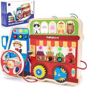 hahaland Busy Board in Legno 2 Anno, Montessori Lavagna attività da Fattoria con luci LED e Suoni, Giochi Legno Giocattolo Educativo Sensoriale Regalo Bambino 2 3 4 Anni