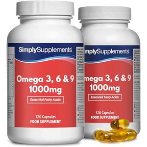 Simply Supplements Omega 3 6 9 1000 Mg Di Olio Di Pesce | Sostiene La Salute Del Cervello e Della Vista | 240 Capsule Softgel = 80 Giorni Di Rifornimento | Ricco di Acidi Grassi Essenziali | Simply Supplements