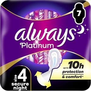 Always Platinum - Asciugamani igienici, misura 4, Secure Night, 7 asciugamani con alette, flusso abbondante notte, formato Eco, morbidi e flessibili, super assorbenti e ultra sottili