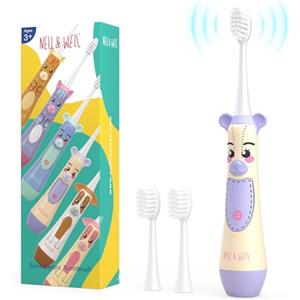 NELL&WELL - Spazzolino elettrico per bambini con timer da 2 minuti, alimentato a batteria, con 3 testine morbide per bambini dai 3 anni in su, impermeabile IPX7, senza BPA (viola)