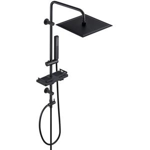 Görbach Colonna Doccia Acciaio Inox Senza Miscelatore Fori Muro Regolabili Nero Colonna Doccia idromassaggio Asta Doccia con soffione a Pioggia e Porta Ogetti Mensola Quadrato 30 * 30cm