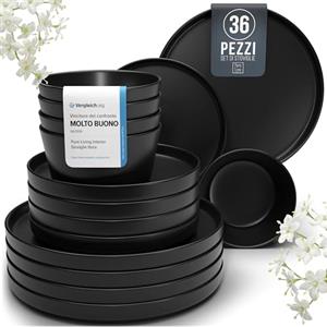 PURE LIVING INTERIOR DESIGN Piatti di Terraglia Neri - Set Piatti Moderni per 12 Persone - Servizio Piatti 36 Pezzi Manhattan - Piatti Terraglia Nero Opaco - Lavabile in Lavastoviglie e Adatto al Microonde - Pure Living