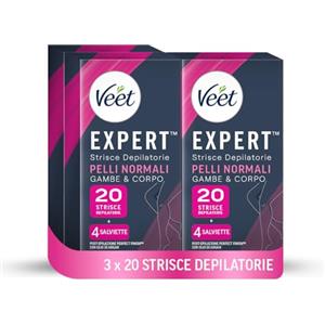 Veet Expert Strisce Depilatorie Gambe e Corpo, Ceretta per Pelli Normali, Dermatologicamente Testato, 60 Pezzi (30x2) + 6 Salviette Post-Epilazione
