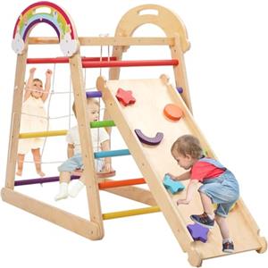 Yosamy Montessori - Struttura da arrampicata 5 in 1, parco giochi per bambini in legno, con altalena, arco e scivolo