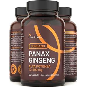 Honest Herbs Panax Ginseng Rosso Coreano - Integratore Alimentare ad Alta Concentrazione 12.500 mg - Estratto di Radice di Ginseng con 30% di Ginsenosidi - 60 Capsule - Vegano