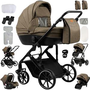Reenborn Passeggino 4 in 1, Passeggino Trio con Due Modi Reversibili Spingere, Trio con Telaio Alluminio Paesaggistico Alto, Trio Neonati con Design Pieghevole in Un Clic (688 Khaki)