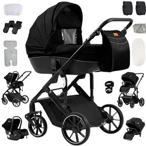 Reenborn Passeggino 4 in 1, Passeggino Trio con Due Modi Reversibili Spingere, Trio con Telaio Alluminio Paesaggistico Alto, Trio Neonati con Design Pieghevole in Un Clic (688 Black)