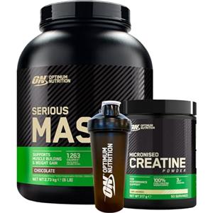 Optimum Nutrition Serious Mass Gainer Proteine Whey con Glutammina Cioccolato 2,73kg 8 Porzioni + Micronised Creatine Monohydrate Non Aromatizzato 317g 93 Porzioni + SHAKER
