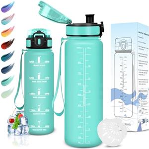 Motswedi Borraccia 1 litro, Senza BPA, Borraccia Palestra, Prova di Perdite, Borracci Motivazionale, con Filtro, Sportiva, Bottiglia Acqua per Scuola, Palestra, Ufficio, Yoga, Blu Verde