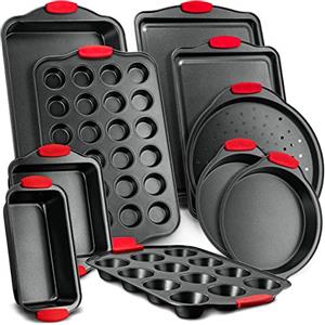 NutriChef Set 10 Teglie da Forno Antiaderente, Rivestimento Grigio Nonstick di Lusso all'Interno e all'Esterno, Qualità da Ristorante Commerciale in Metallo con Manici in Silicone Rosso