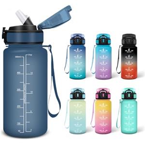 Motswedi Borraccia, 0.5L Senza BPA, Borraccia con Cannuccia, Adatto Gassato, Borraccia Motivazionale, A Prova di Perdite, Bottiglia Acqua, Borraccia Acqua per Scuola, Palestra, Campeggio - Blu navy