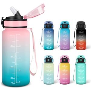 Motswedi Borraccia, 0.5L Senza BPA, Borraccia con Cannuccia, Adatto Gassato, Borraccia Motivazionale, A Prova di Perdite, Bottiglia Acqua, Borraccia Acqua per Scuola, Palestra, Campeggio - Rosa&ciano