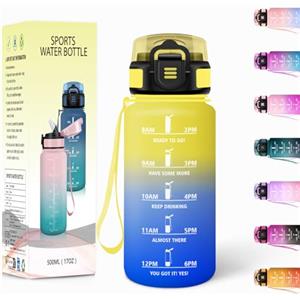 Motswedi Borraccia, 500ML Con Paglia, Borraccia Bambini, Senza BPA, Borracce con Cannuccia, Bottiglia d'acqua Motivazionale con Indicatore del Tempo, Bottiglia Acqua per Scuola, Sport - Giallo&Blu reale