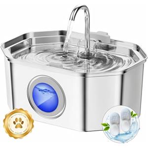APAUK Fontanella per gatti,Apauk 3.2L fontanella per gatti acciaio Inox, Ultra silenziosa,con finestra LED, sistema di filtraggio multistrato (con 2 filtri & 2 spugne S)
