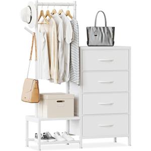 ODK Cassettiera Camera da Letto 3 in 1, con un Appendiabiti da Terra, Doppia Scarpiera e Due Ganci per Cappotti, con 4 Cassetti in Tessuto, Adatto a Camere da Letto e Ingressi, Bianco