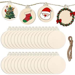 DRERIO 30 Palline natalizie rotonde in legno, per appendere all'albero di Natale; decorazioni con cordino per feste e fai da te, etichette regalo e da appendere